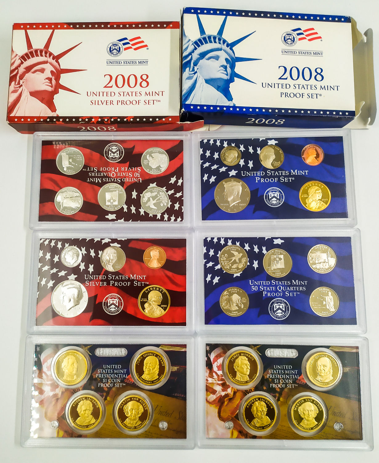 USA - 6 sets, over 70 coins, most of them Proof and silver - 2008, 2013, 2018 - 1 1