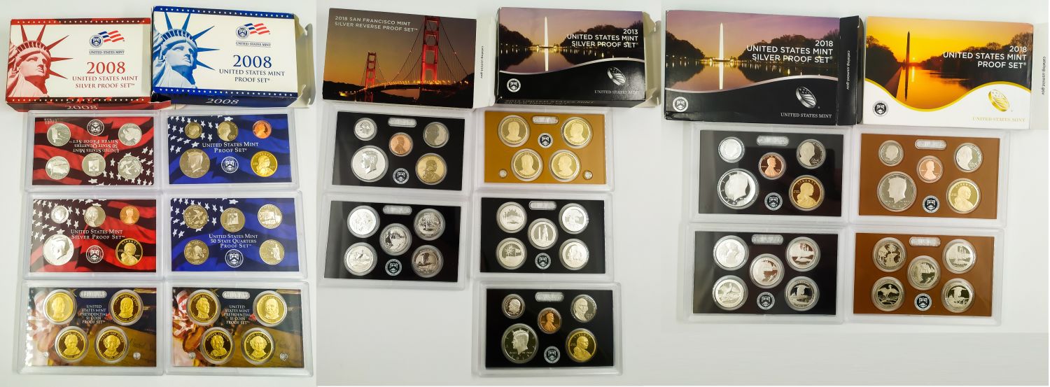 USA - 6 sets, over 70 coins, most of them Proof and silver - 2008, 2013, 2018 - 1 0