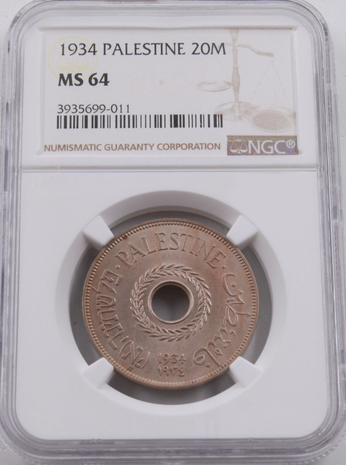 Palestine - 20 Mils 1934 - NGC 64 - UNC - Very Rare - 1 2