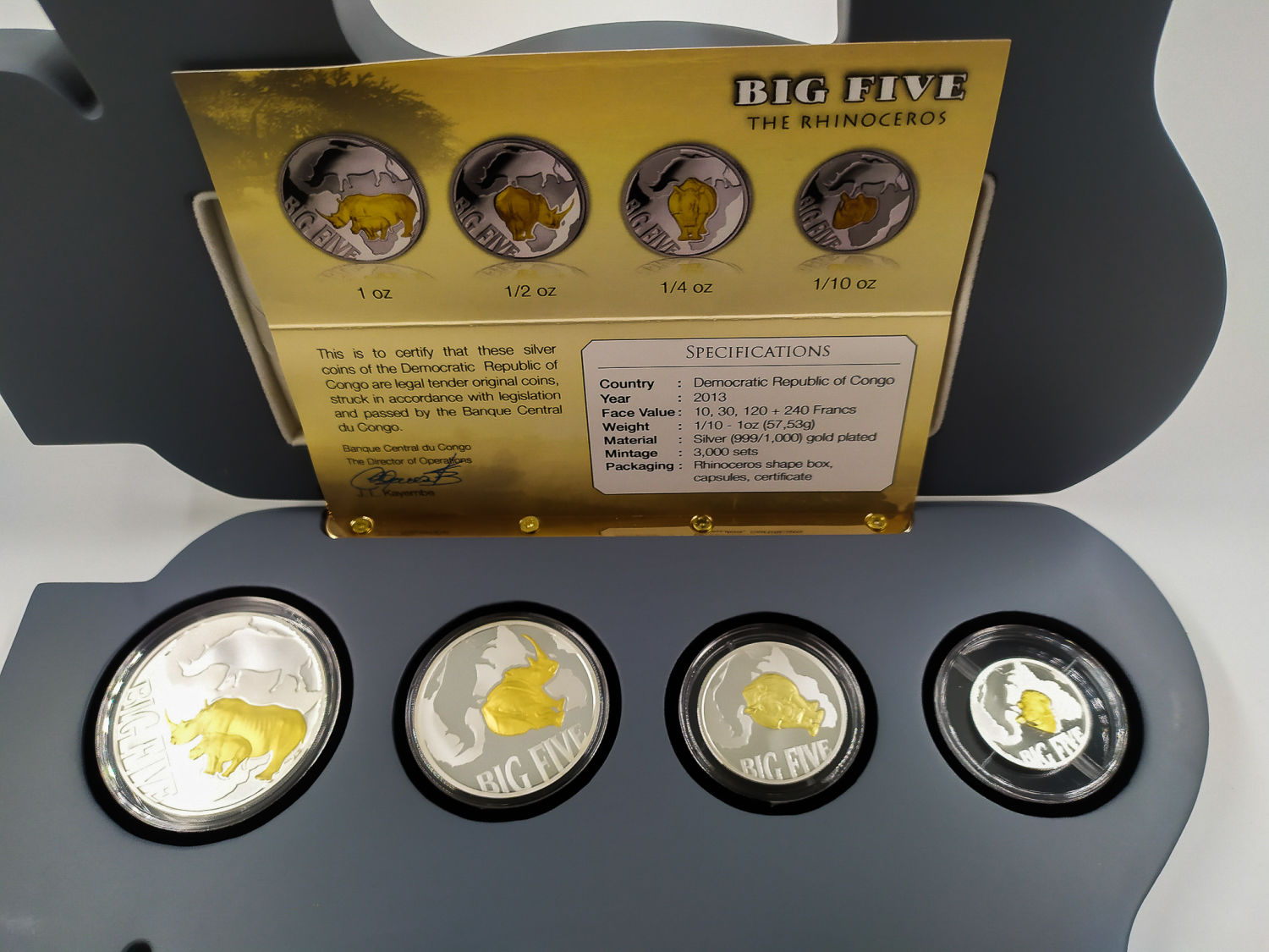 Congo - 10, 30, 120 and 240 Francs - 2013 - "Big Five Rhinoceros" - 1/10, 1/4, 1/2 & 1 oz Silver - 1 3