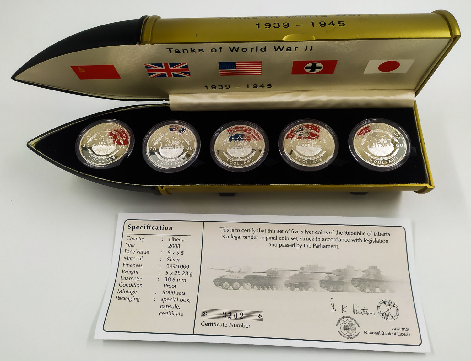 Liberia - 2008 - World War II tanks. 5 pure silver coins of 5$ - 1 1