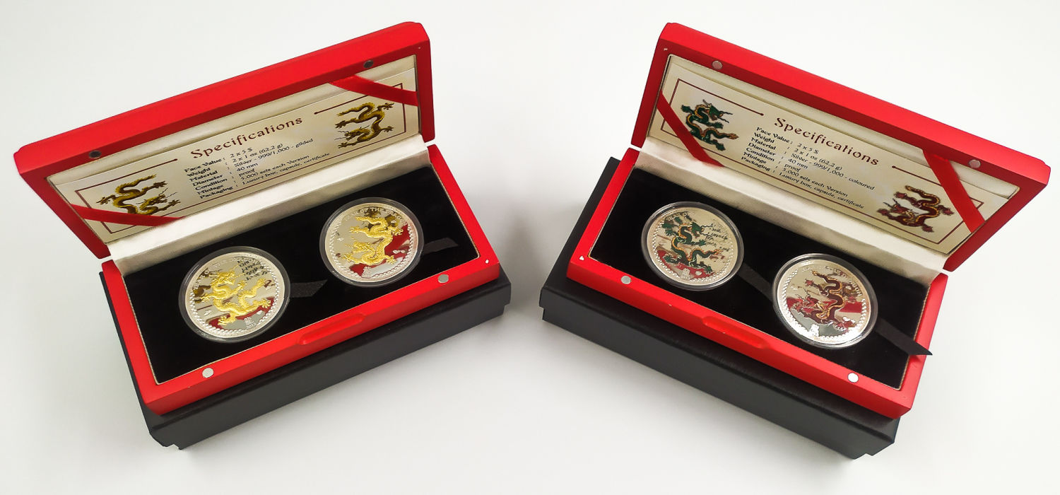 Palau - 2012, Year of the Dragon, 4 silver coins in gold plating and color - 1 0