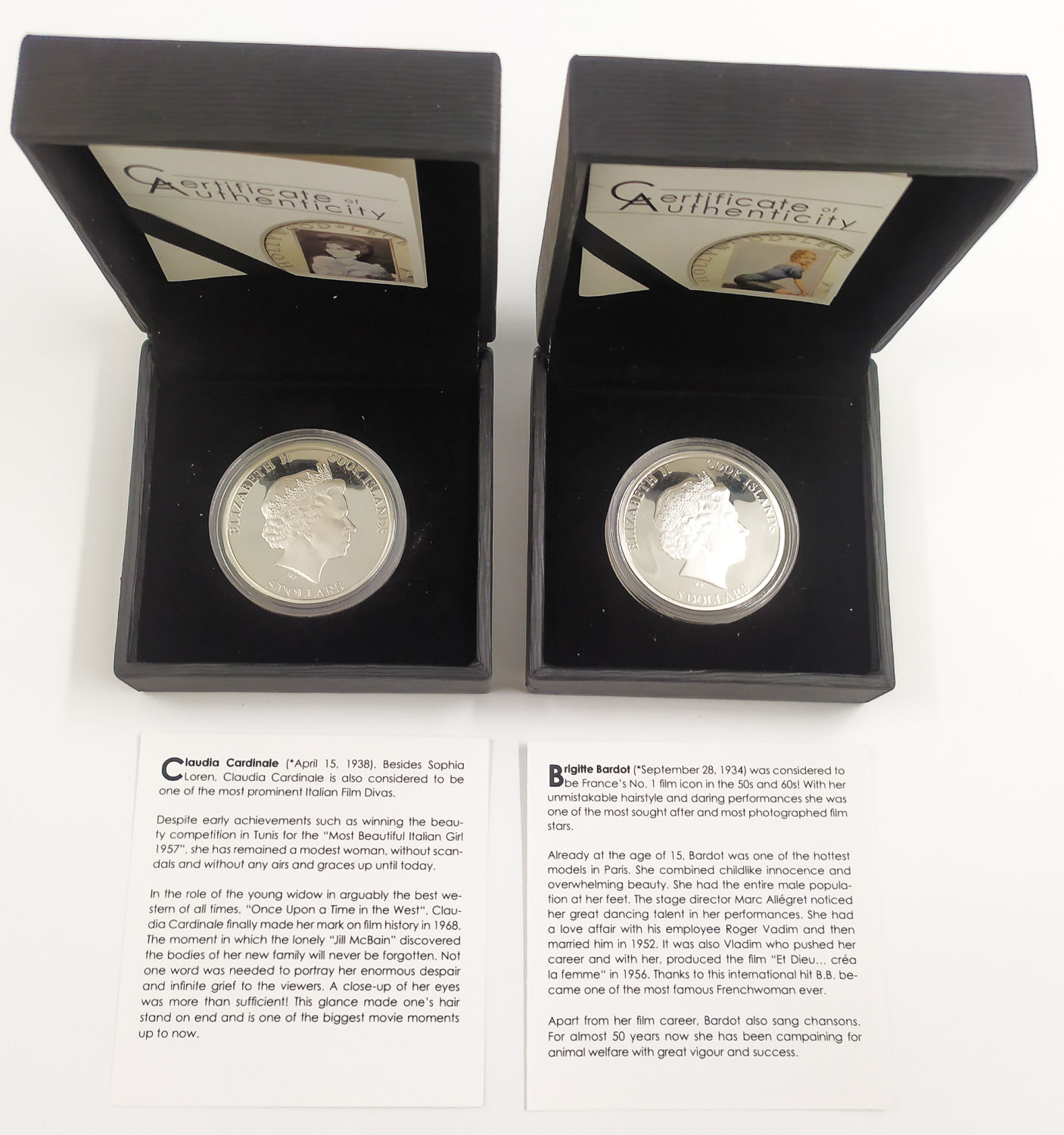 Cook Islands - 2011,2013 - 2 Of 5$ Silver Coins - World Famous Women - Claudia Cardinella and Brigitte Bardot - 1 1