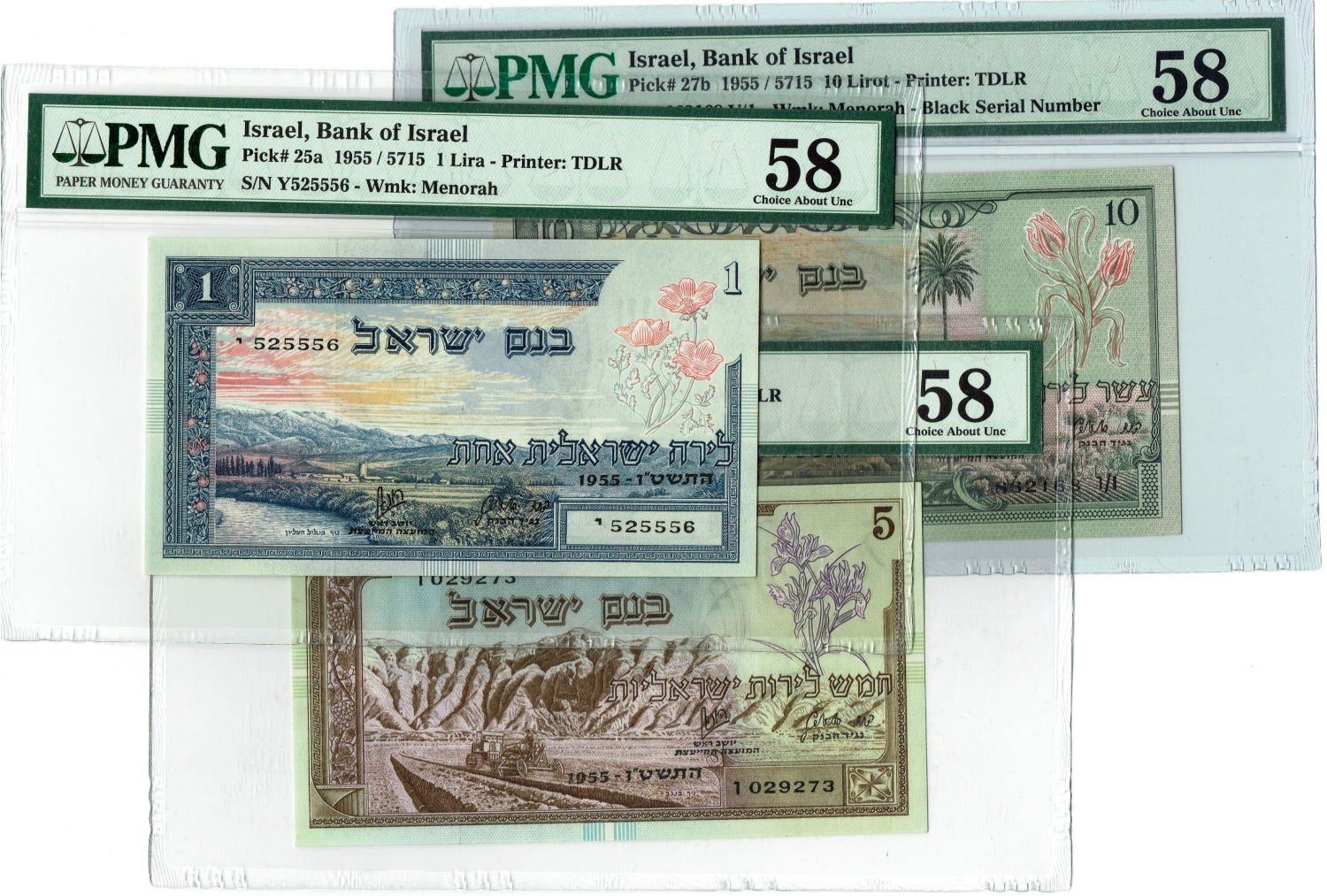 Israel - Lot of 3 graded banknotes Landscapes series - 1, 5 and 10 Lirot 1955 - 1 0