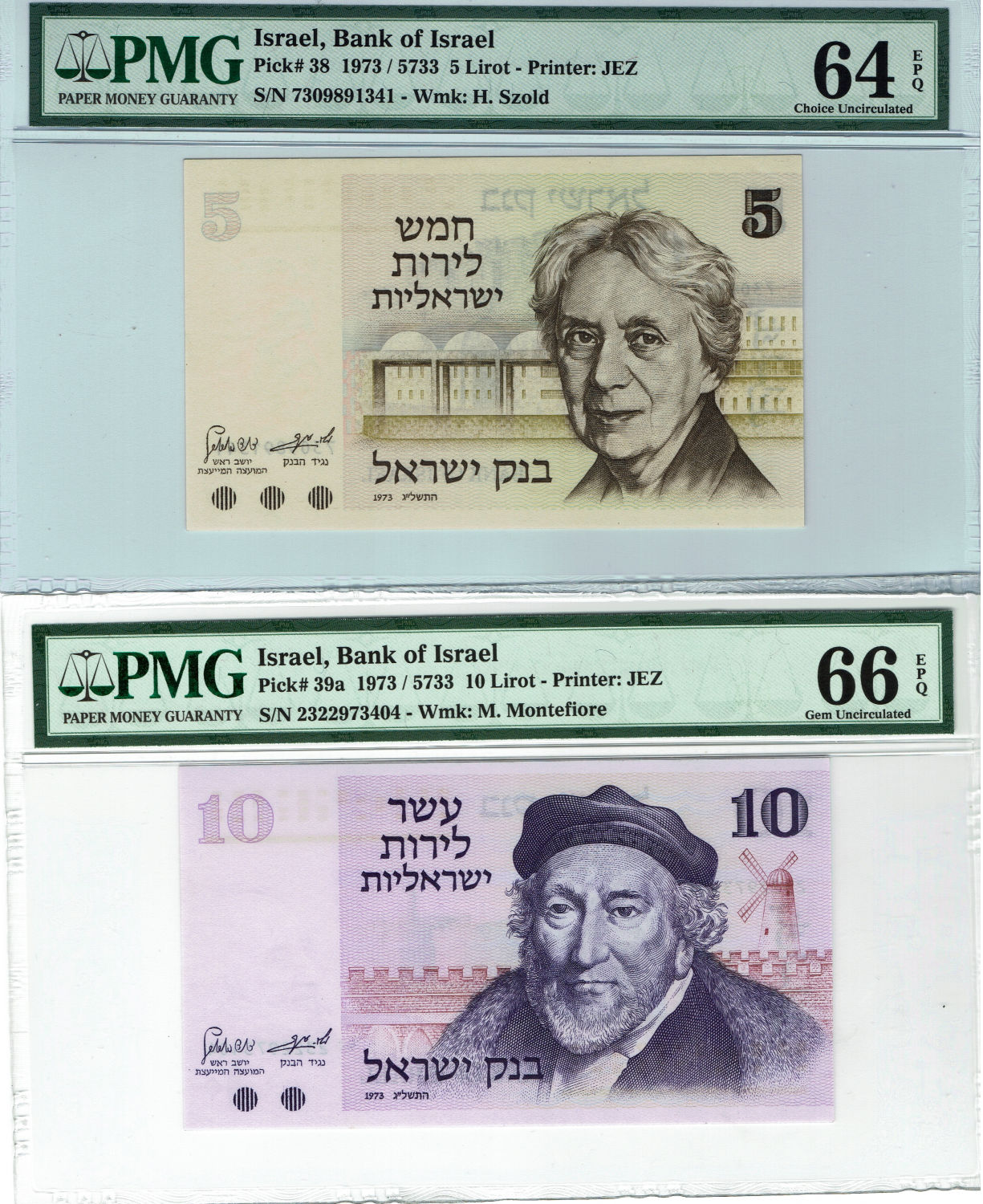 Israel - Lot of 4 Graded banknotes "Gates series" - 5, 10, 50 and 100 Lriot 1973 - PMG 64, 65, 66 EPQ - 1 1