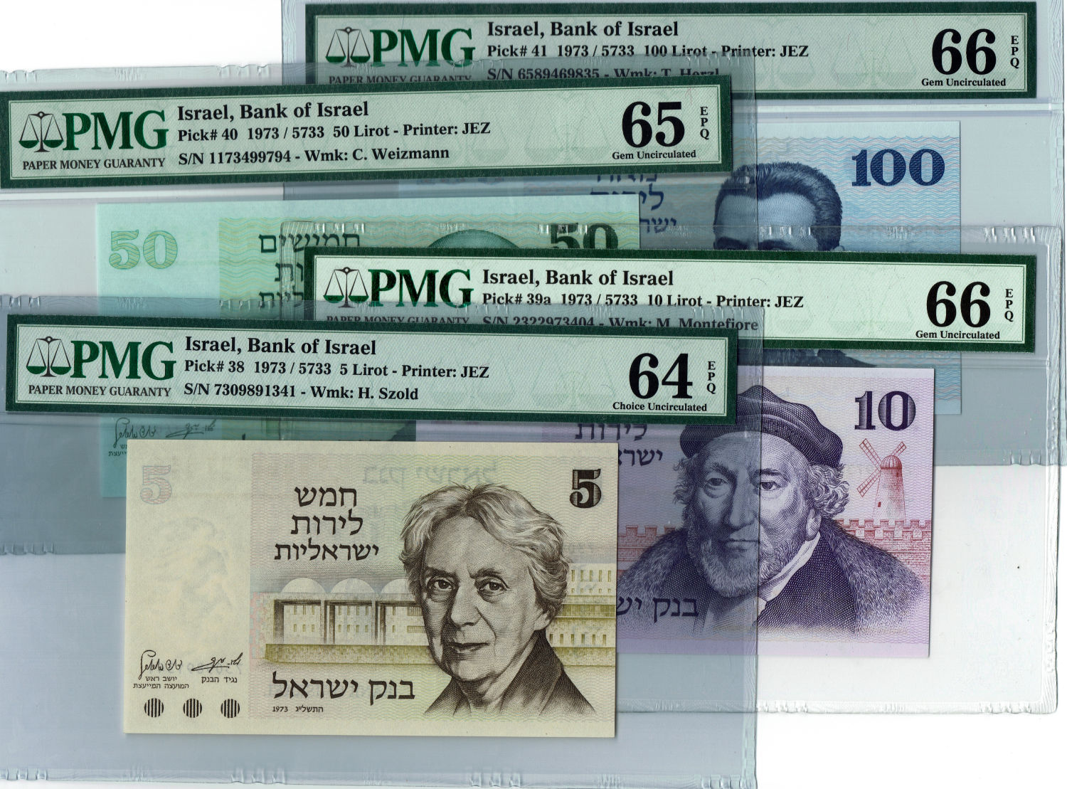 Israel - Lot of 4 Graded banknotes "Gates series" - 5, 10, 50 and 100 Lriot 1973 - PMG 64, 65, 66 EPQ - 1 0