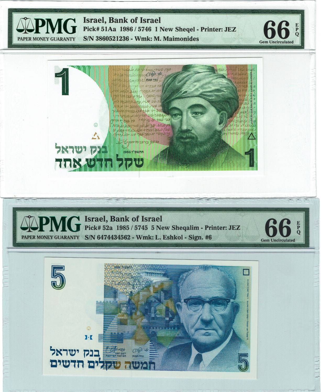 Israel - Lot of 3 graded banknotes from the new Sheqel series - 1 and 5 Sheqels - 1985, 1986, 1987 - 1 1
