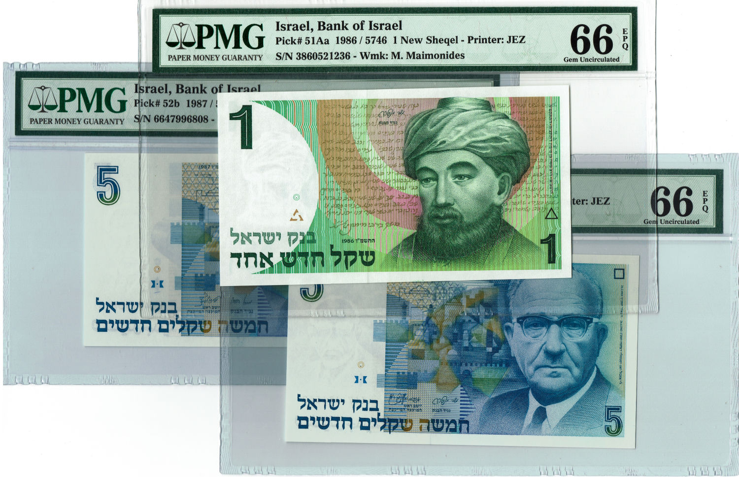 Israel - Lot of 3 graded banknotes from the new Sheqel series - 1 and 5 Sheqels - 1985, 1986, 1987 - 1 0