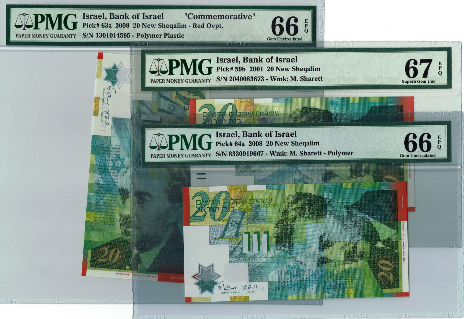 Israel - Lot of 3 banknotes - 20 Shekels 2001, 20 Shekels 2008 Polymer, 20 Shekels "60 years anniversary" - PMG ... - 1 0