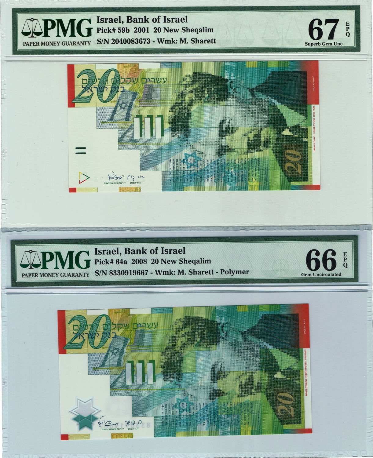 Israel - Lot of 3 banknotes - 20 Shekels 2001, 20 Shekels 2008 Polymer, 20 Shekels "60 years anniversary" - PMG ... - 1 1