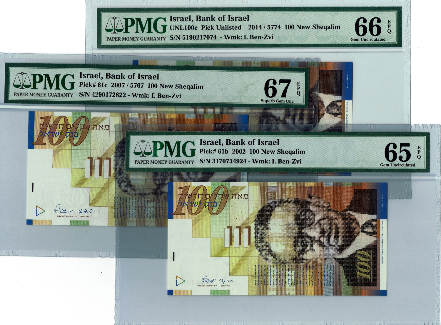 Israel - 100 Shekels 2002, 2007, 2014 - PMG 65-66-67 EPQ - 1 0