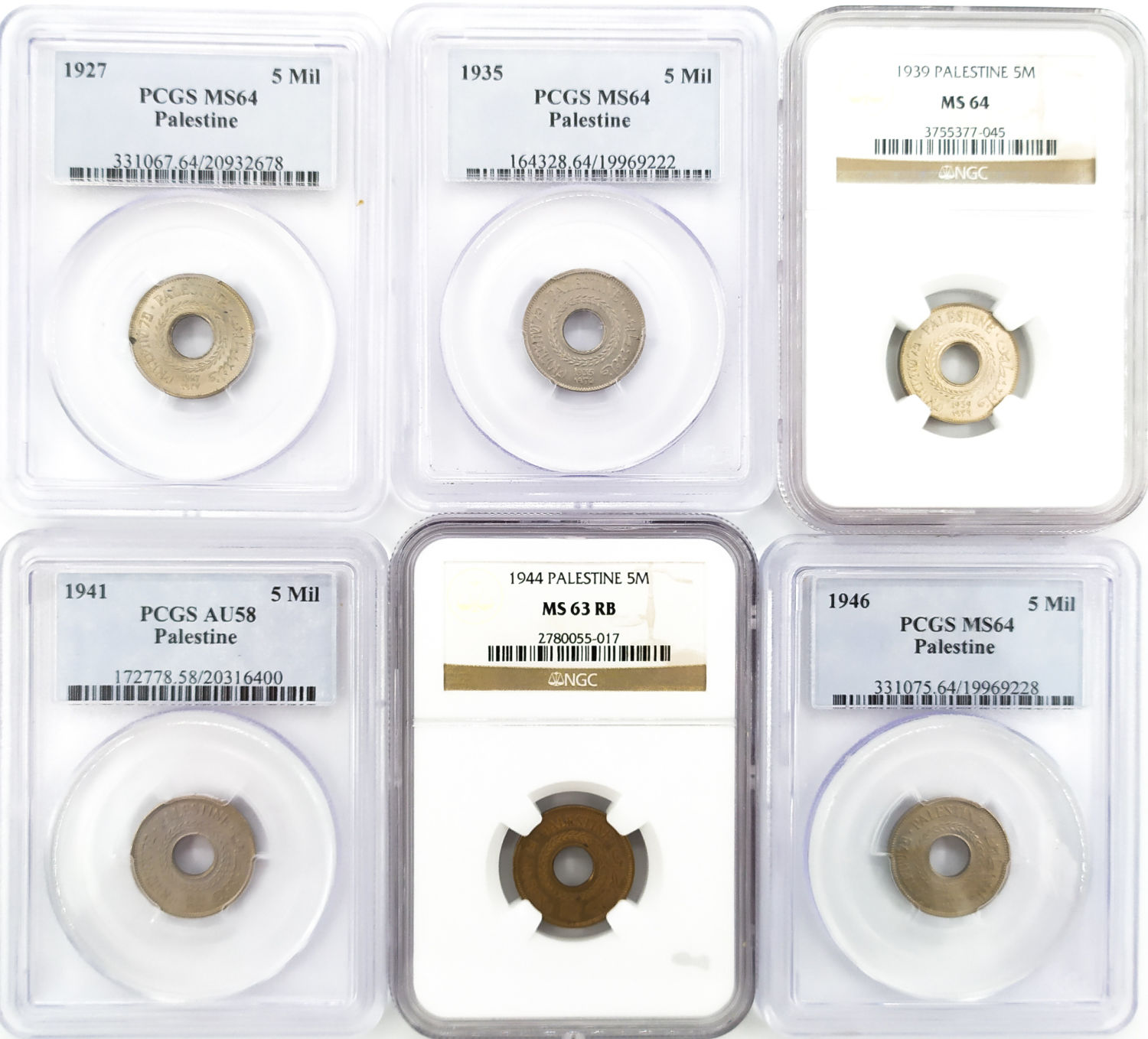 Palestine - Lot of 6 graded MS coins of 5 Mils - Diffrent years - 1 0