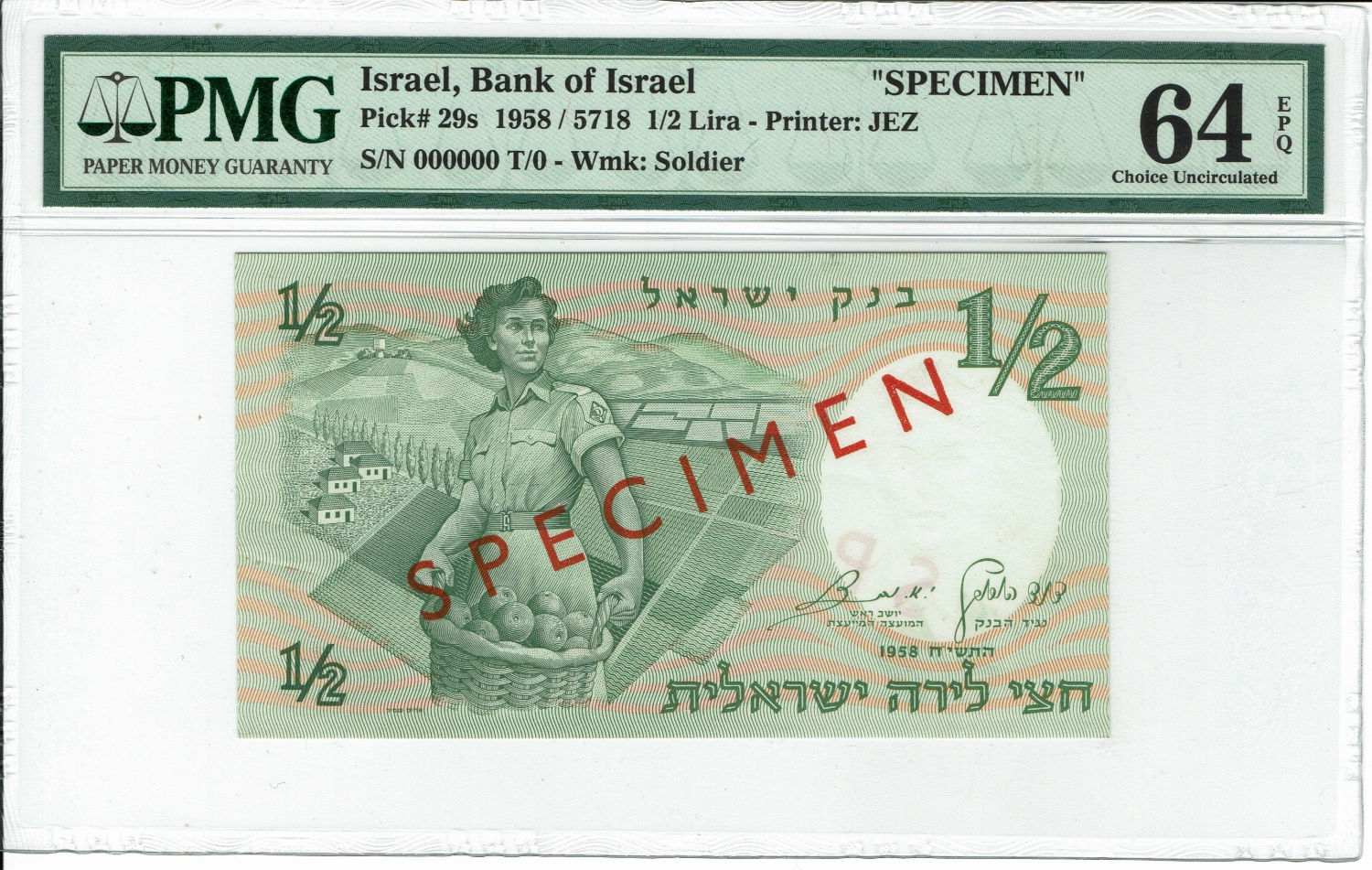 Israel - Lot of graded SPECIMEN Banknotes of the Representative Figures Series - 1/2, 1, 5, 10 and 50 Lirot - 1598, 1960 - 1 3