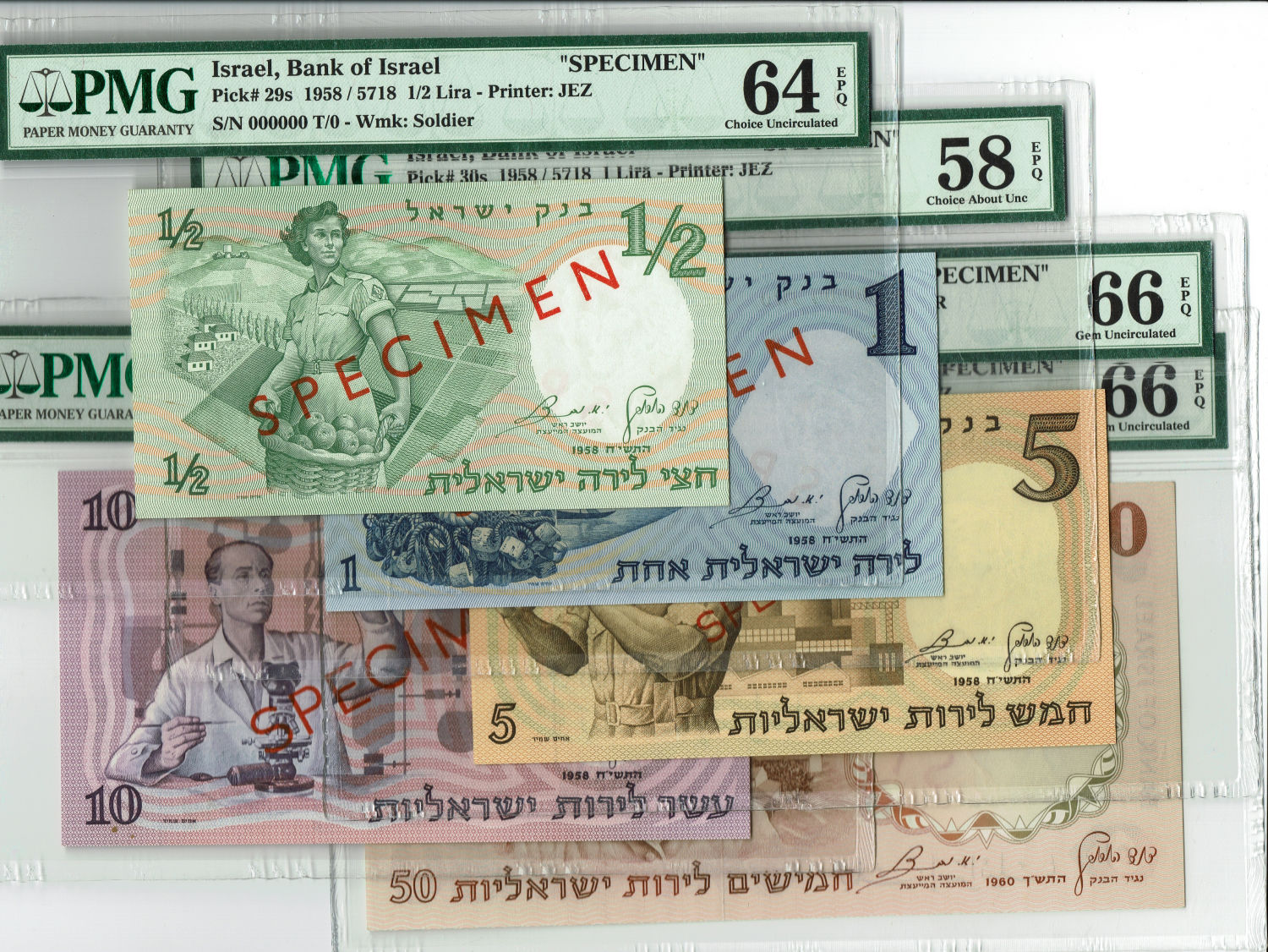 Israel - Lot of graded SPECIMEN Banknotes of the Representative Figures Series - 1/2, 1, 5, 10 and 50 Lirot - 1598, 1960 - 1 0