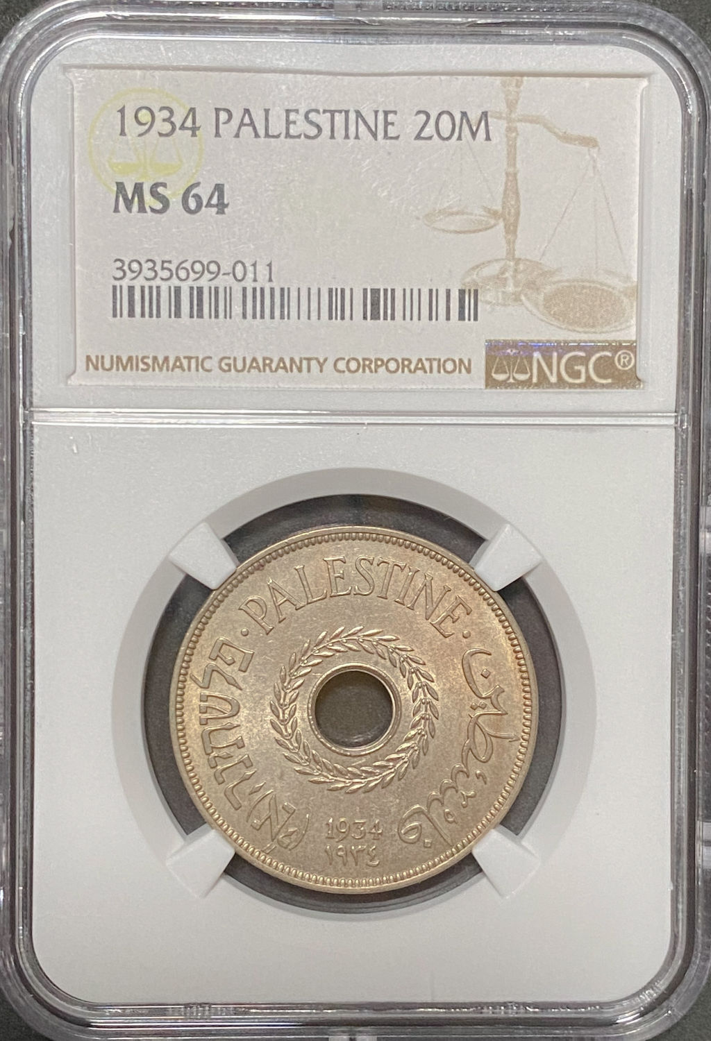 Palestine - 20 Mils 1934 - NGC MS 64 - 1 2