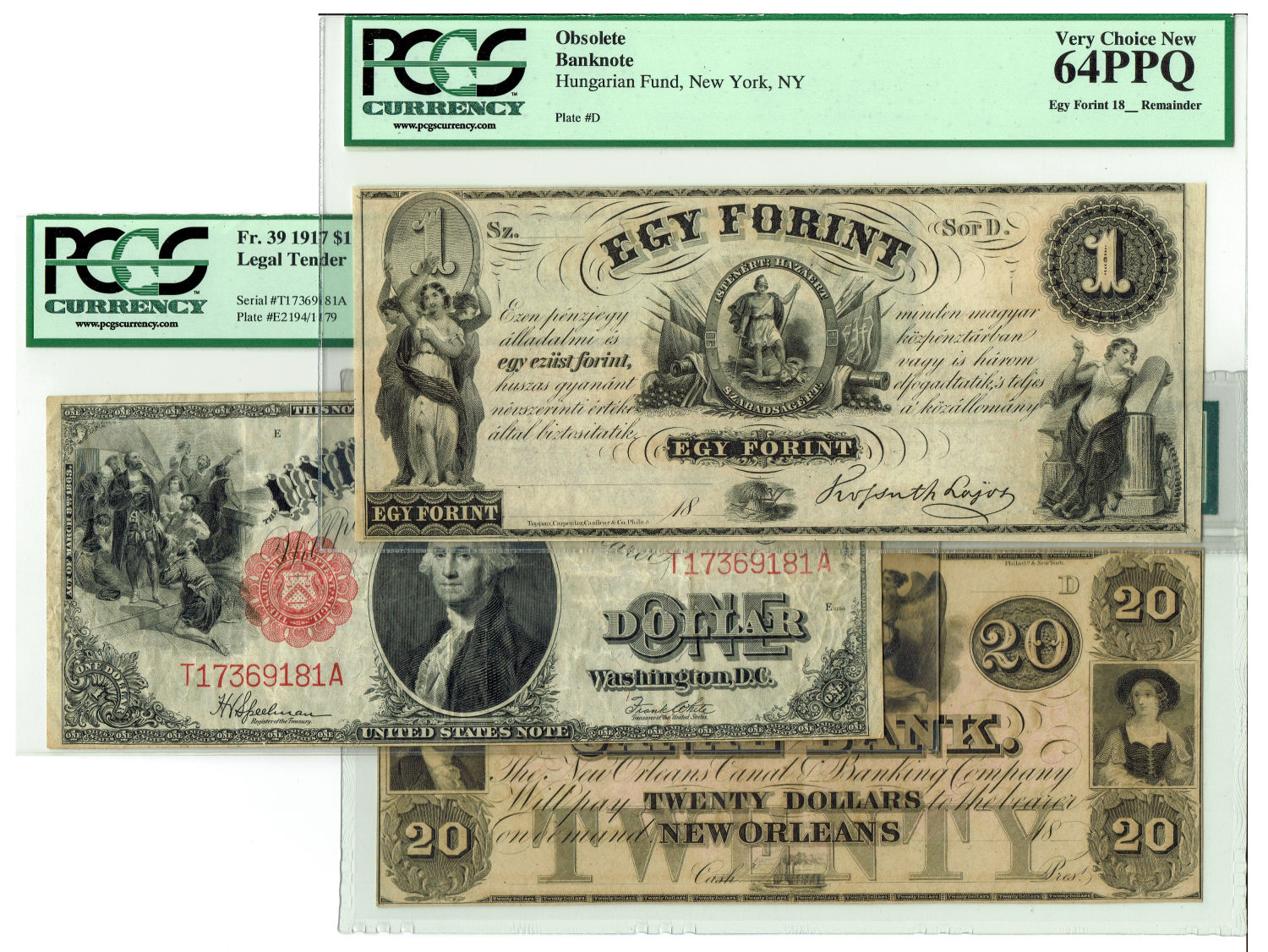 USA - Lot of banknotes of 1 Dollar 1917 and from the 19' century and 20 Dollars from 1840' - Graded - 1 0