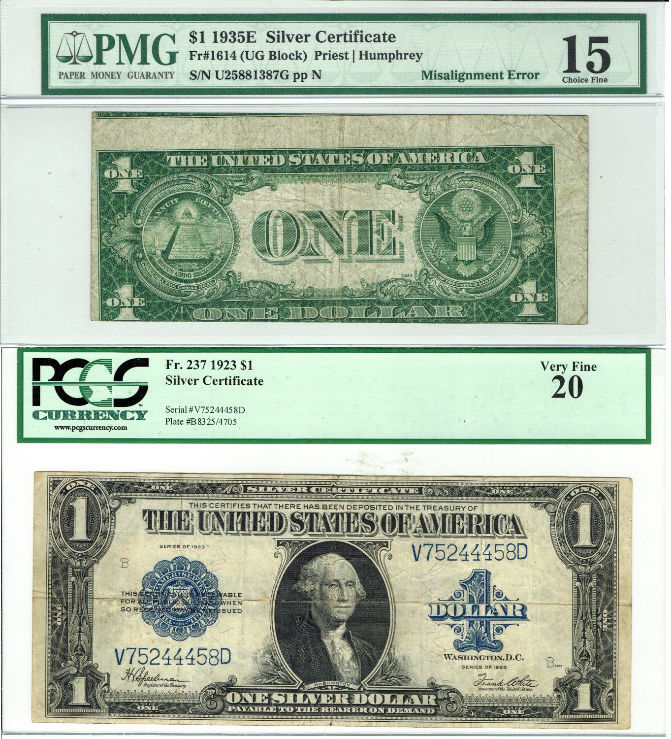 USA - Pair of graded banknotes of 1 Dollar 1923, 1935 - Printing Errors - 1 0