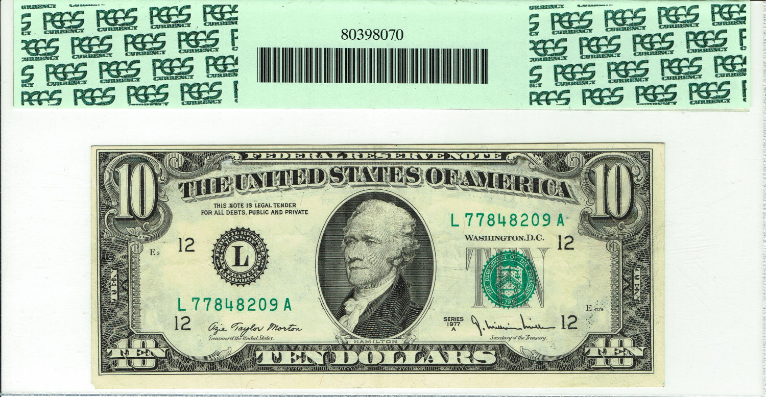 USA - graded banknote of 10 Dollar 1977 - Printing Errors - Full face to back offest - PCGS VF 35 PPQ - 1 1
