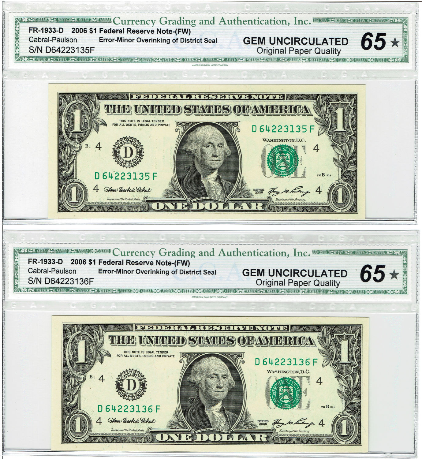 USA - Pair of graded banknotes of 1 Dollar 2006 - Printing Errors - consecutive numbers - 1 0