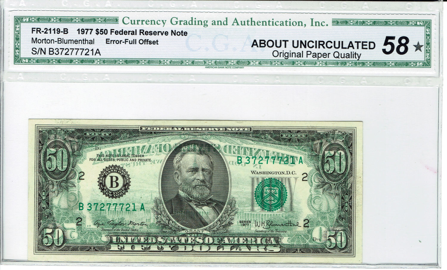 USA - graded banknote of 50 Dollar 1977 - Printing Error - CGA 58 - 1 0