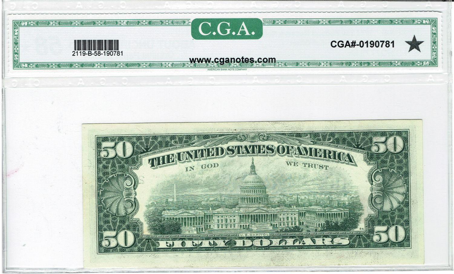 USA - graded banknote of 50 Dollar 1977 - Printing Error - CGA 58 - 1 1