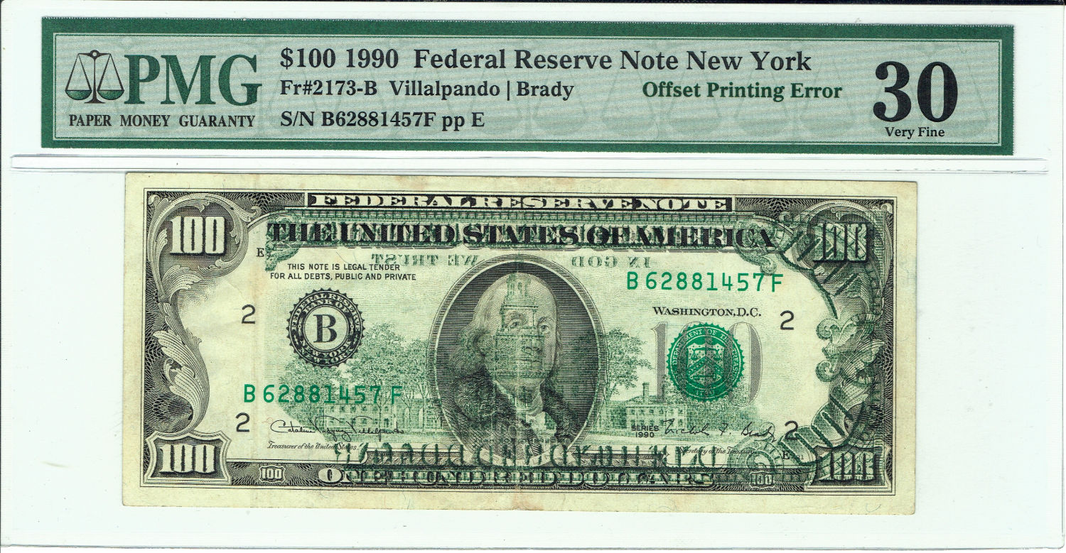 USA - graded banknote of 100 Dollar 1990 - Printing Error - Offest printing error - 1 0