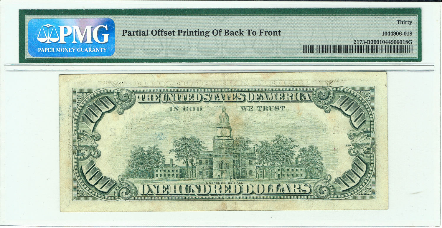 USA - graded banknote of 100 Dollar 1990 - Printing Error - Offest printing error - 1 1