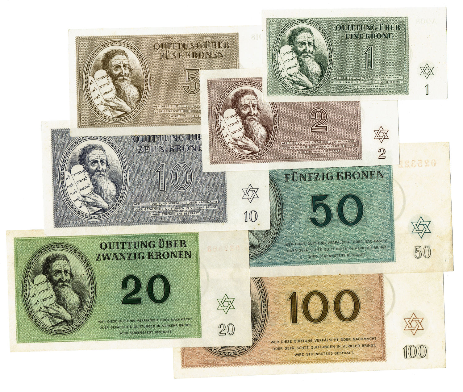 Czechoslovakia - 7 Banknotes 1-100 Kronen 1943 - Theresientadt Ghetto. - 1 0