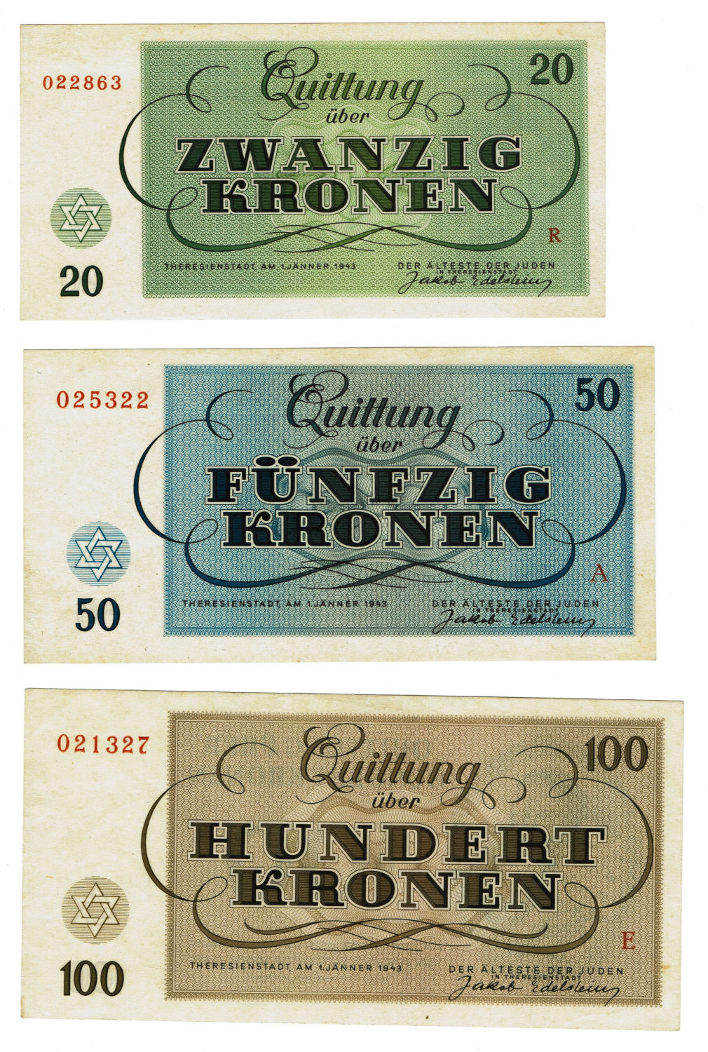Czechoslovakia - 7 Banknotes 1-100 Kronen 1943 - Theresientadt Ghetto. - 1 4