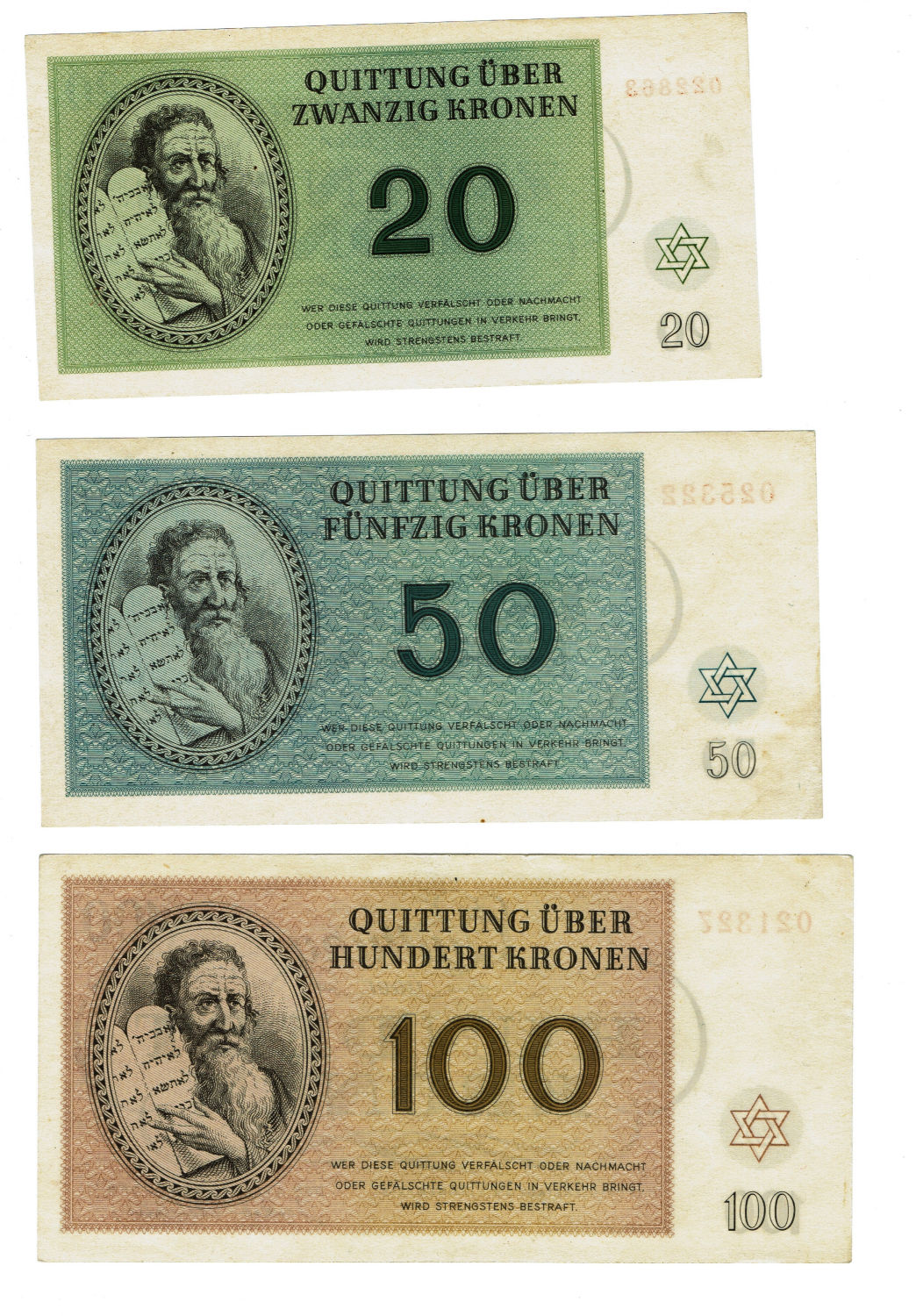 Czechoslovakia - 7 Banknotes 1-100 Kronen 1943 - Theresientadt Ghetto. - 1 3