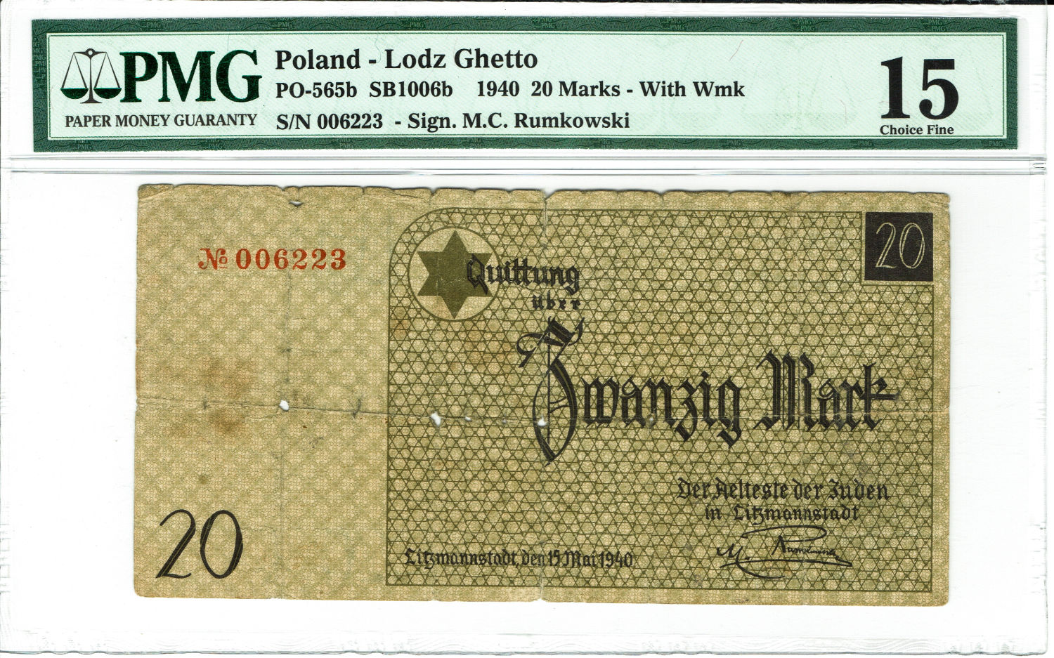 Poland - 20 mark - 1940 - ghetto Lodz - with water mark - PMG F 15 - 1 0