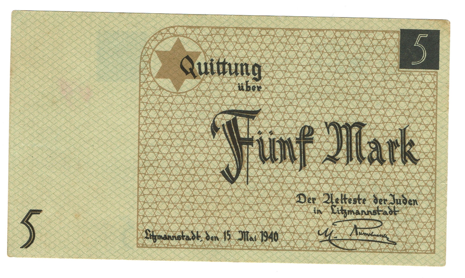 Poland - 5 mark 1940 - ghetto Lodz - Rare example - Without S.N - 1 0