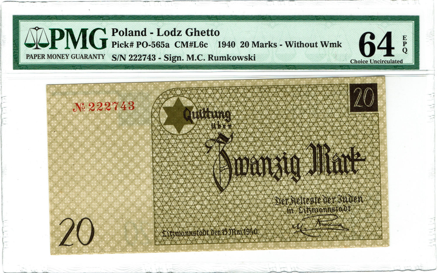Poland - 20 mark - 1940 - ghetto Lodz - PMG UNC 64 EPQ - 1 3