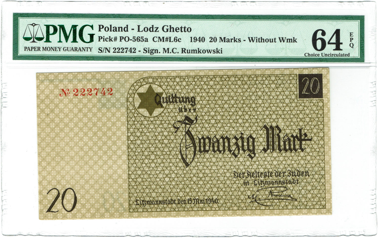 Poland - 20 mark - 1940 - ghetto Lodz - PMG UNC 64 EPQ - 1 1