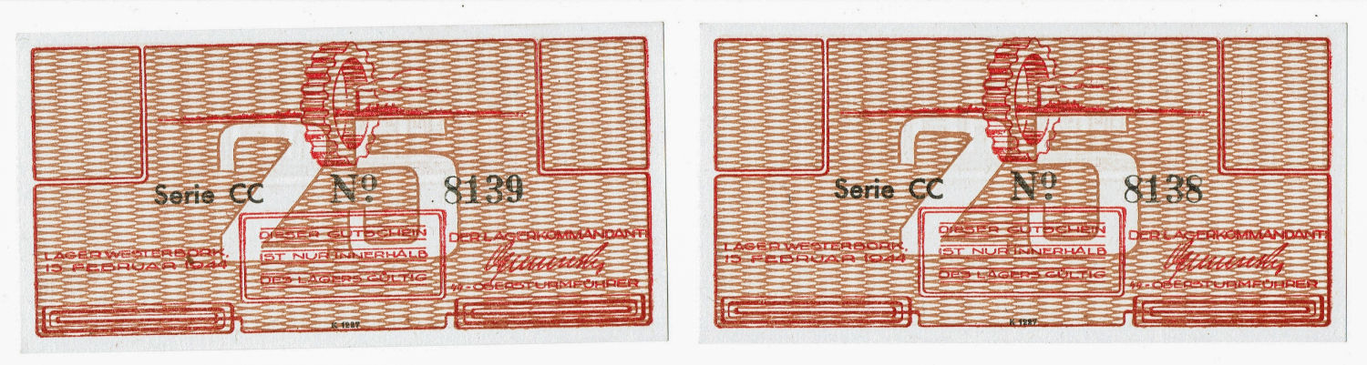 Netherlands - 25 cents 1944 - Westerbork camp - UNC - consecutive numbers - 1 0