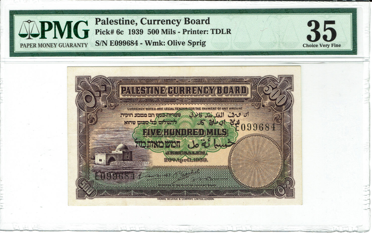 Palestine - 500 Mils 1939 - PMG VF 35 - Prefix E - 1 0