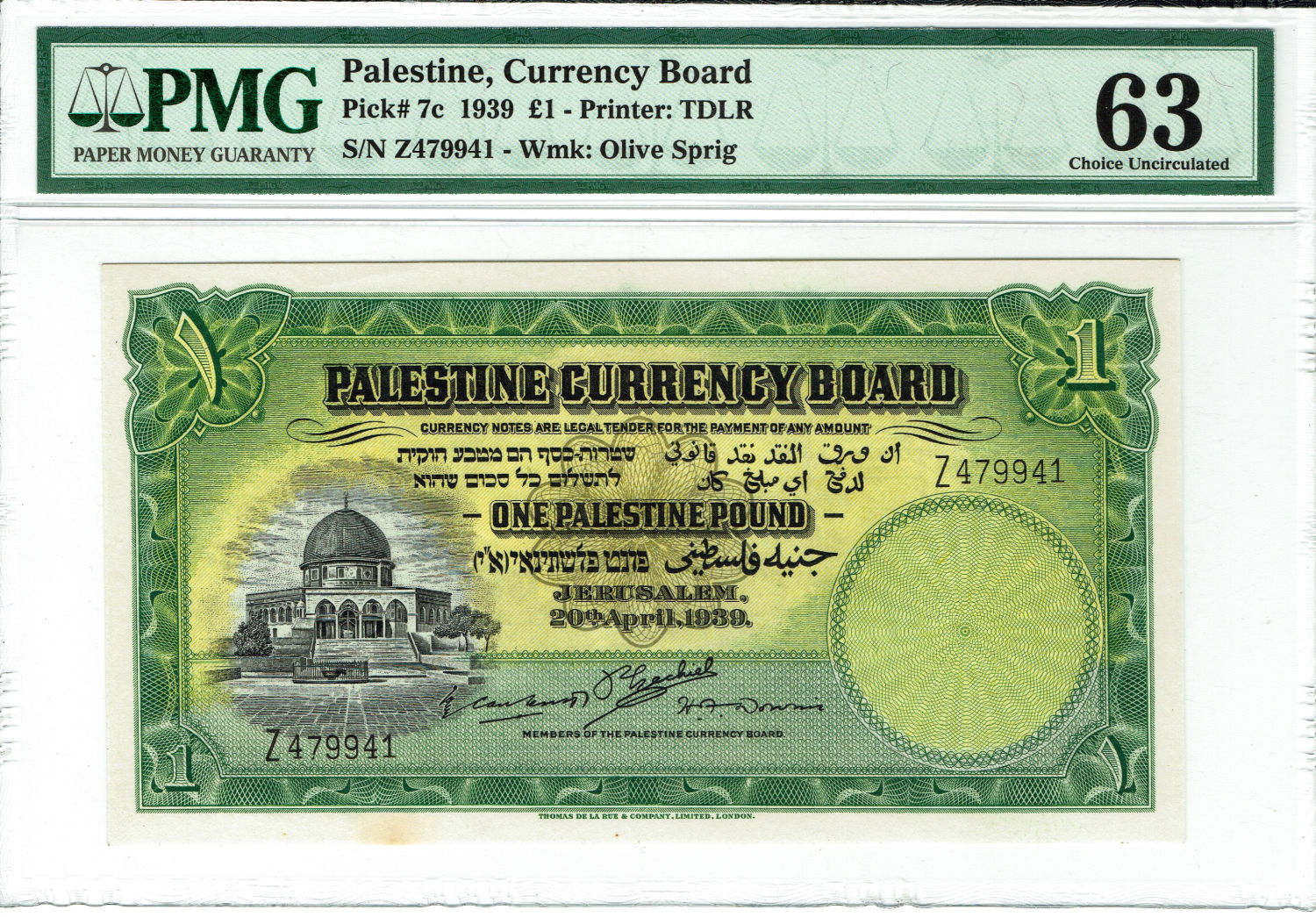 Palestine - 1 Lira 1939 - PMG UNC 63 - Prefix Z - 1 0