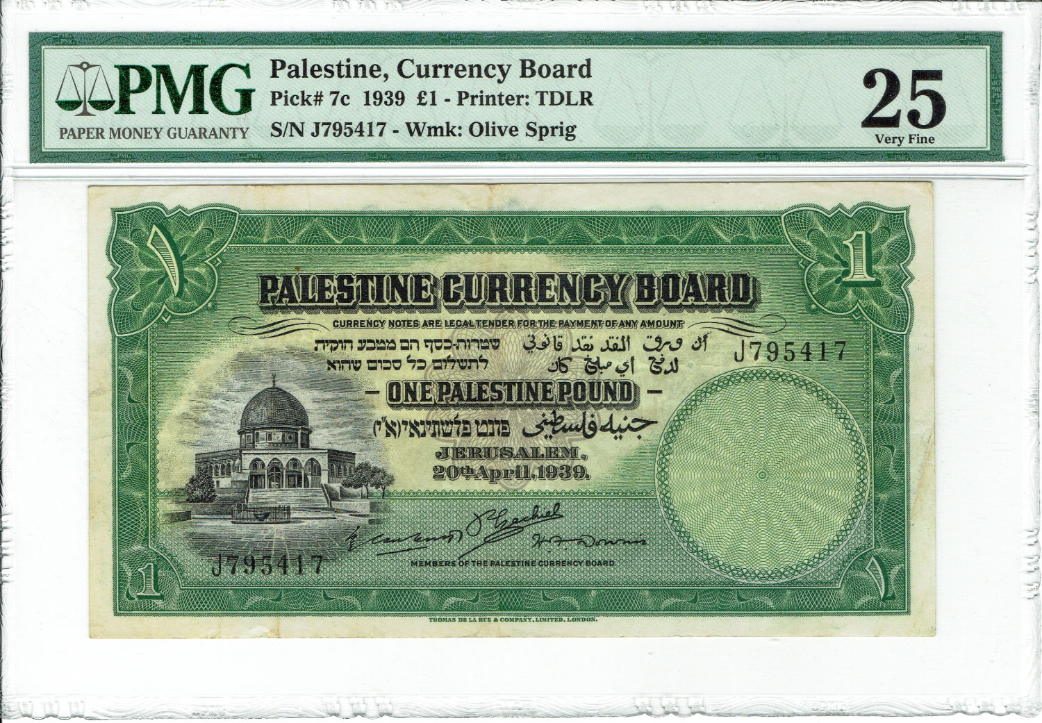 Palestine - 1 Pound 1939 - PMG VF 25 - Prefix J - 1 0