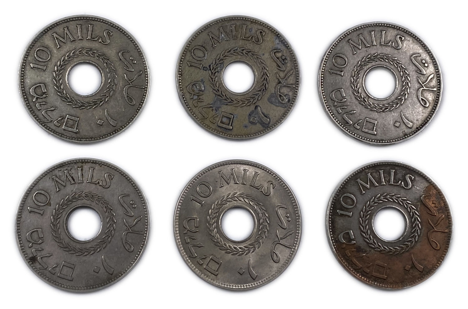 Palestine - Lot of 6 coins of 10 Mils 1927, 1933, 1934, 1934, 1939 - F-VF
MIL, was the Hebrew name ... - 1 1