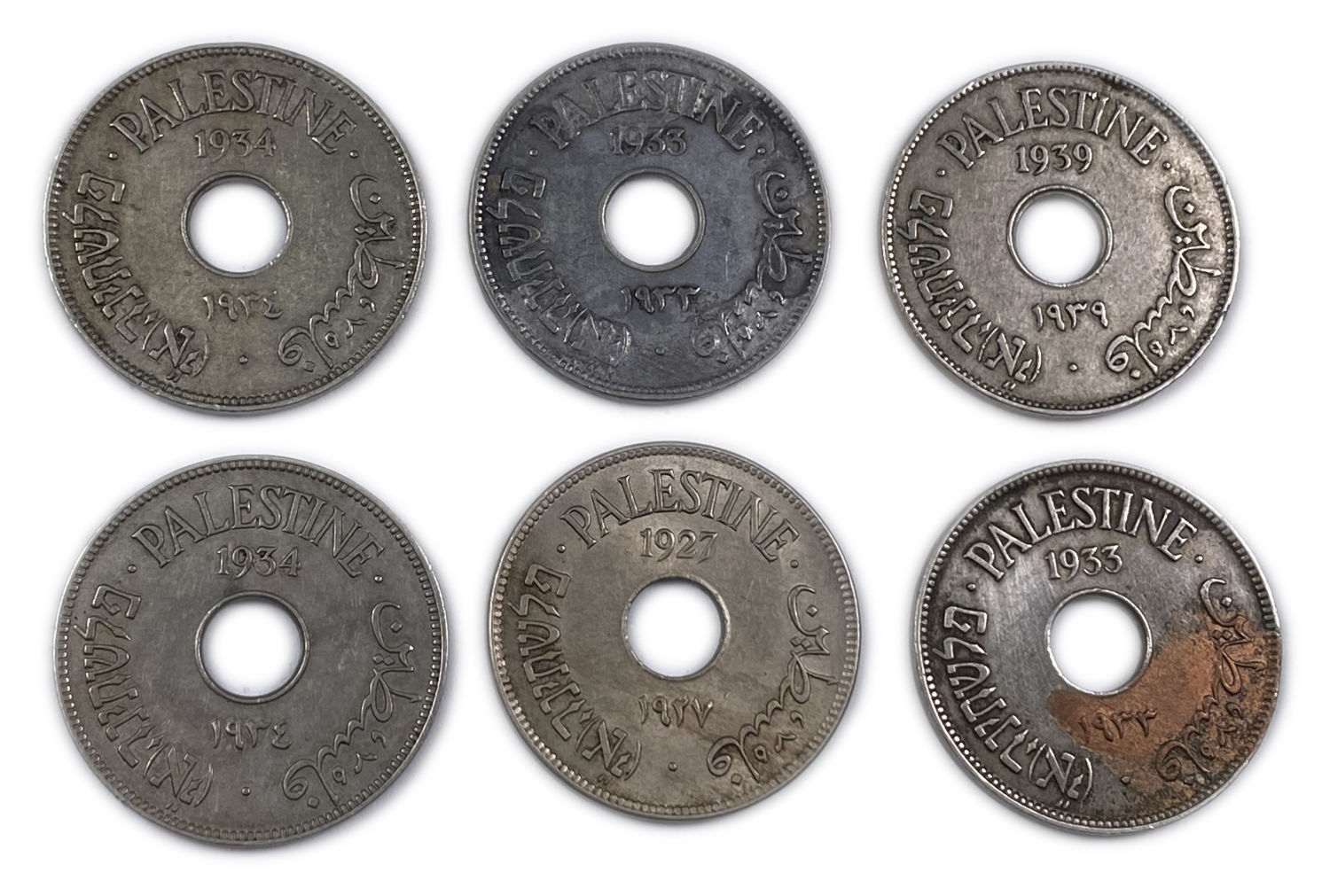 Palestine - Lot of 6 coins of 10 Mils 1927, 1933, 1934, 1934, 1939 - F-VF
MIL, was the Hebrew name ... - 1 0