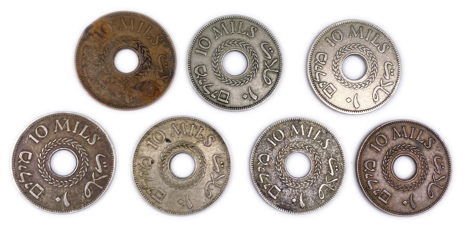 Palestine - Lot of 7 coins of 10 Mils 1927, 1933, 1935, 1940, 1942, 1943 - F-VF
MIL ... - 1 1