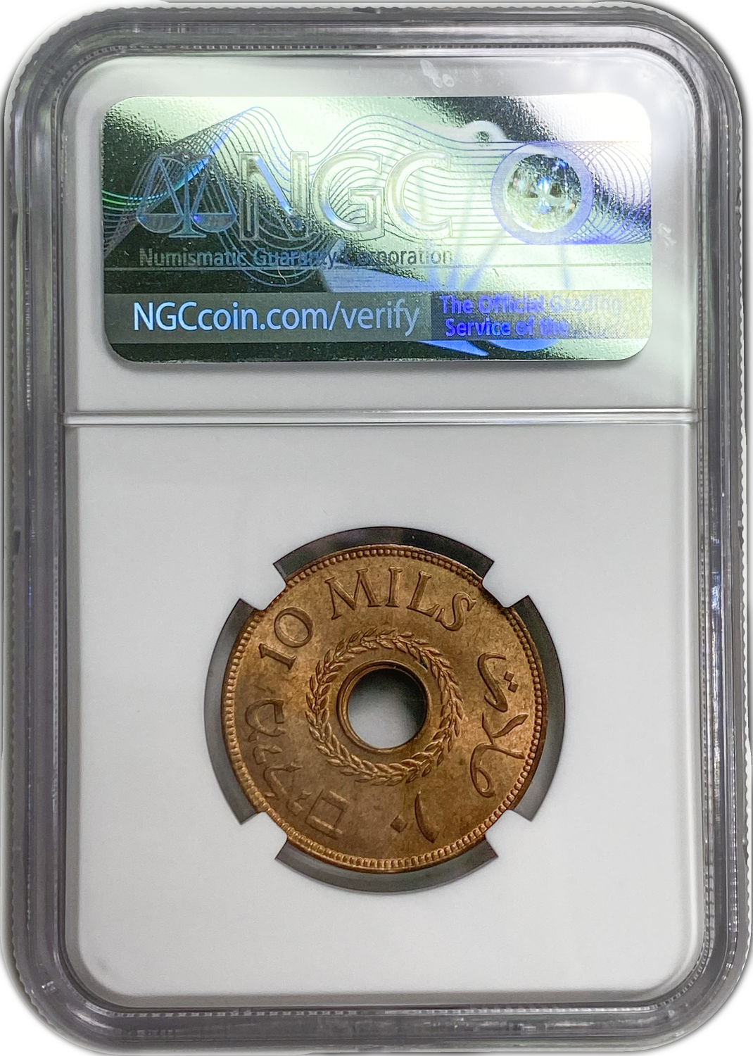 Palestine - 10 Mils 1943 -  Extremly rare grade  - NGC MS 65 RB
MIL, was the Hebrew name ... - 1 3