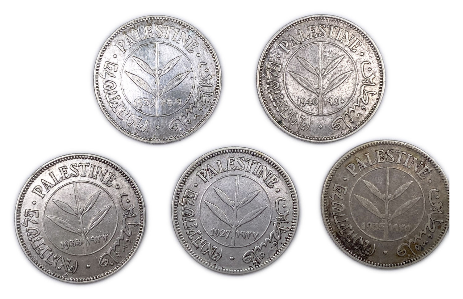 Palestine - Lot of 5 coins of 50 Mils 1927, 1933, 1935, 1939, 1940 - VF-XF
Mil was the Hebrew name ... - 1 0