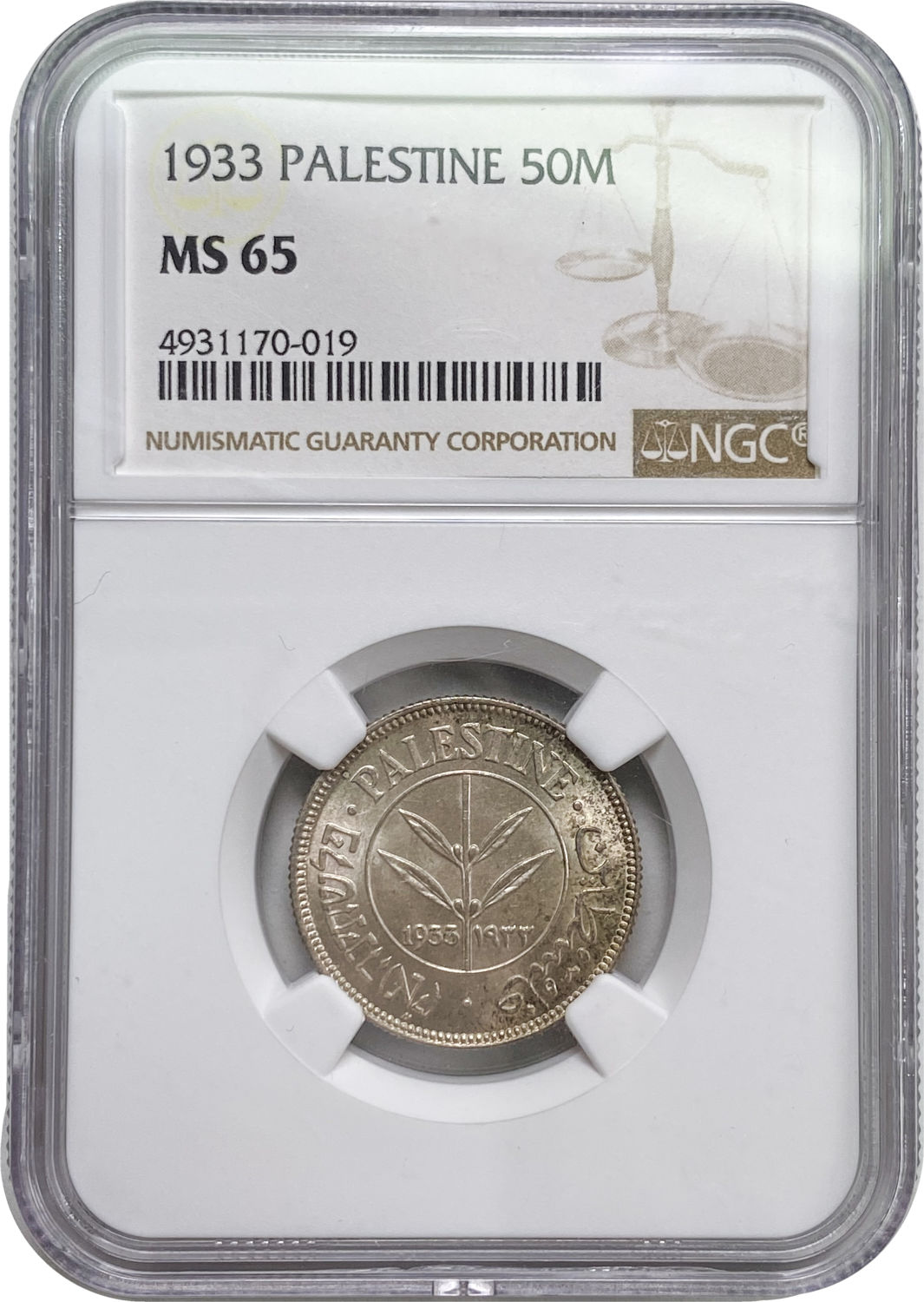 Palestine - 50 Mils 1933 - Very high grade - NGC MS 65
Mil was the Hebrew name of the coin that was ... - 1 2