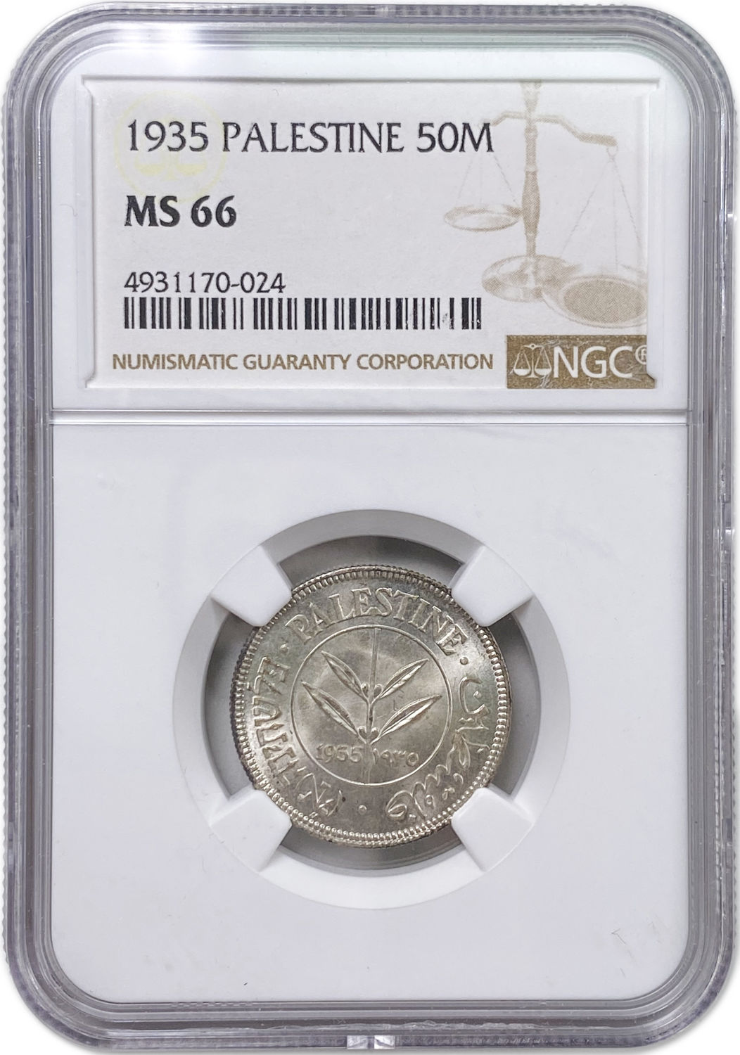 Palestine - 50 Mils 1935 - The highest grade known - NGC MS 66
Mil was the Hebrew name of the coin ... - 1 2