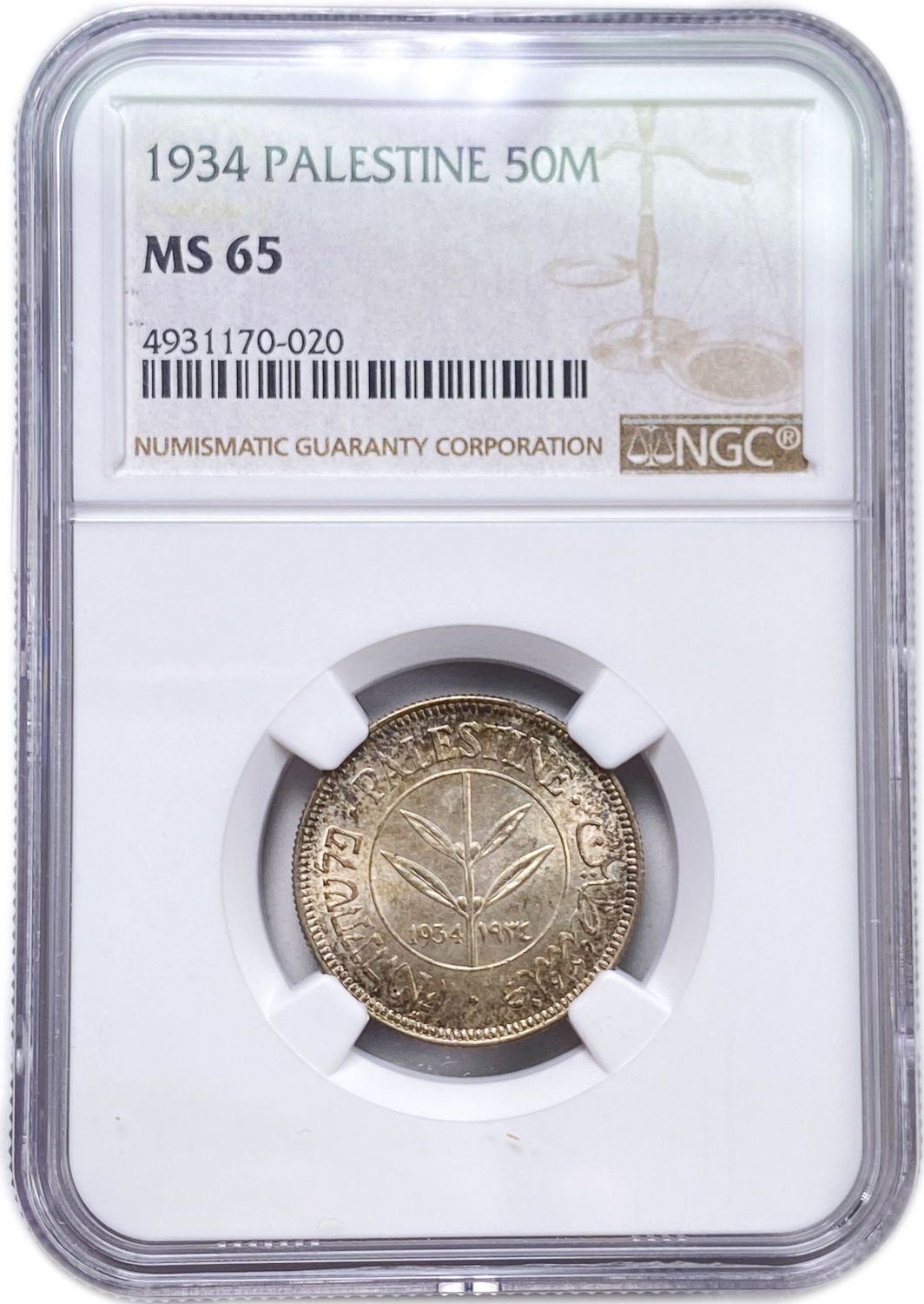 Palestine - 50 Mils 1934 - High grade, Very rare - NGC MS 65
Mil was the Hebrew name ... - 1 2