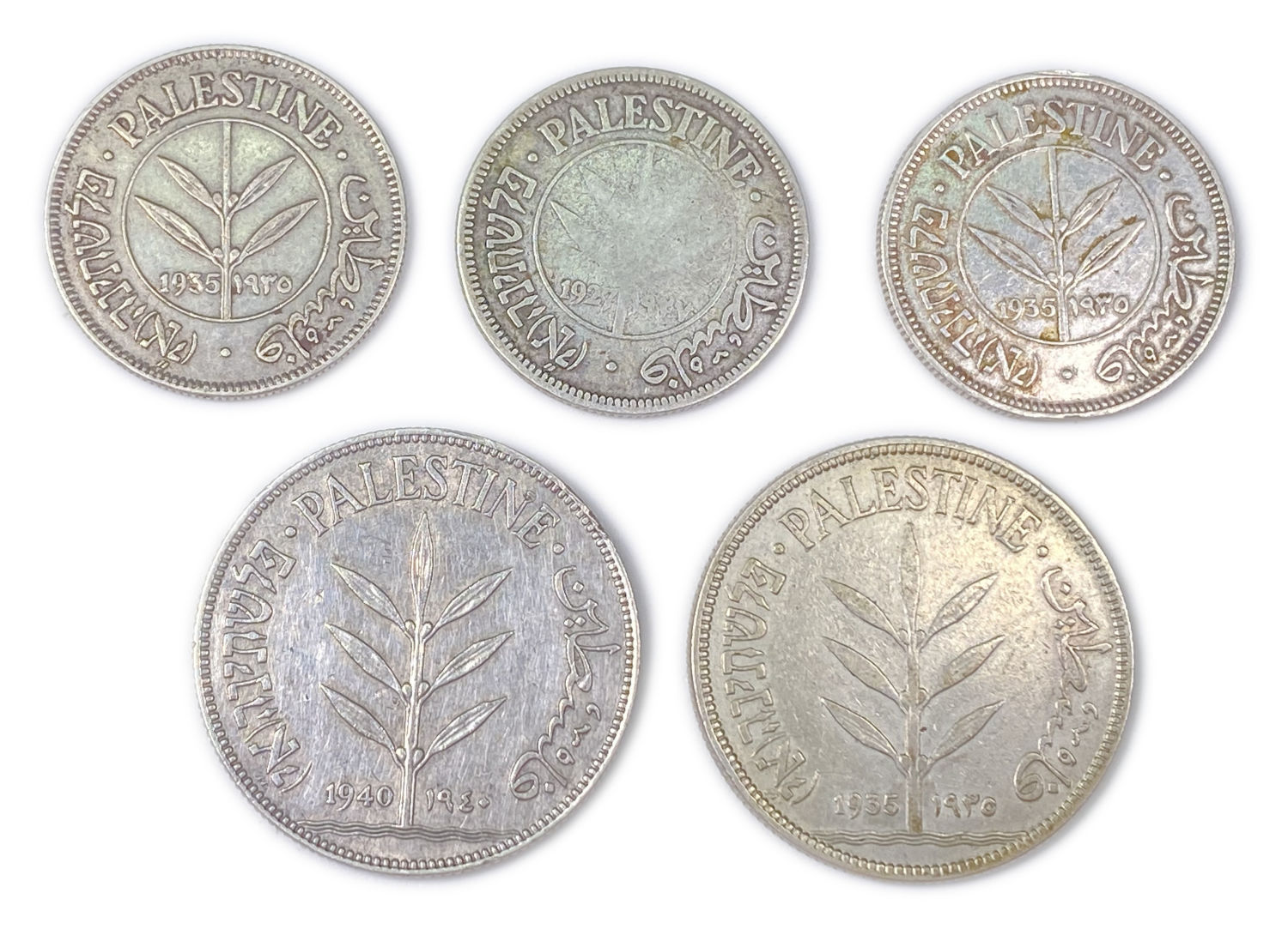 Palestine - Lot of 5 Coins of 50 and 100 Mils 1927, 1935 and 1940 - VF-XF
Mil was the Hebrew name ... - 1 0