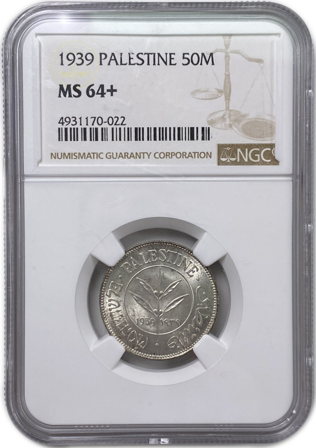 Palestine - 50 Mils 1939 - NGC MS 64+
Mil was the Hebrew name of the coin that was ... - 1 2