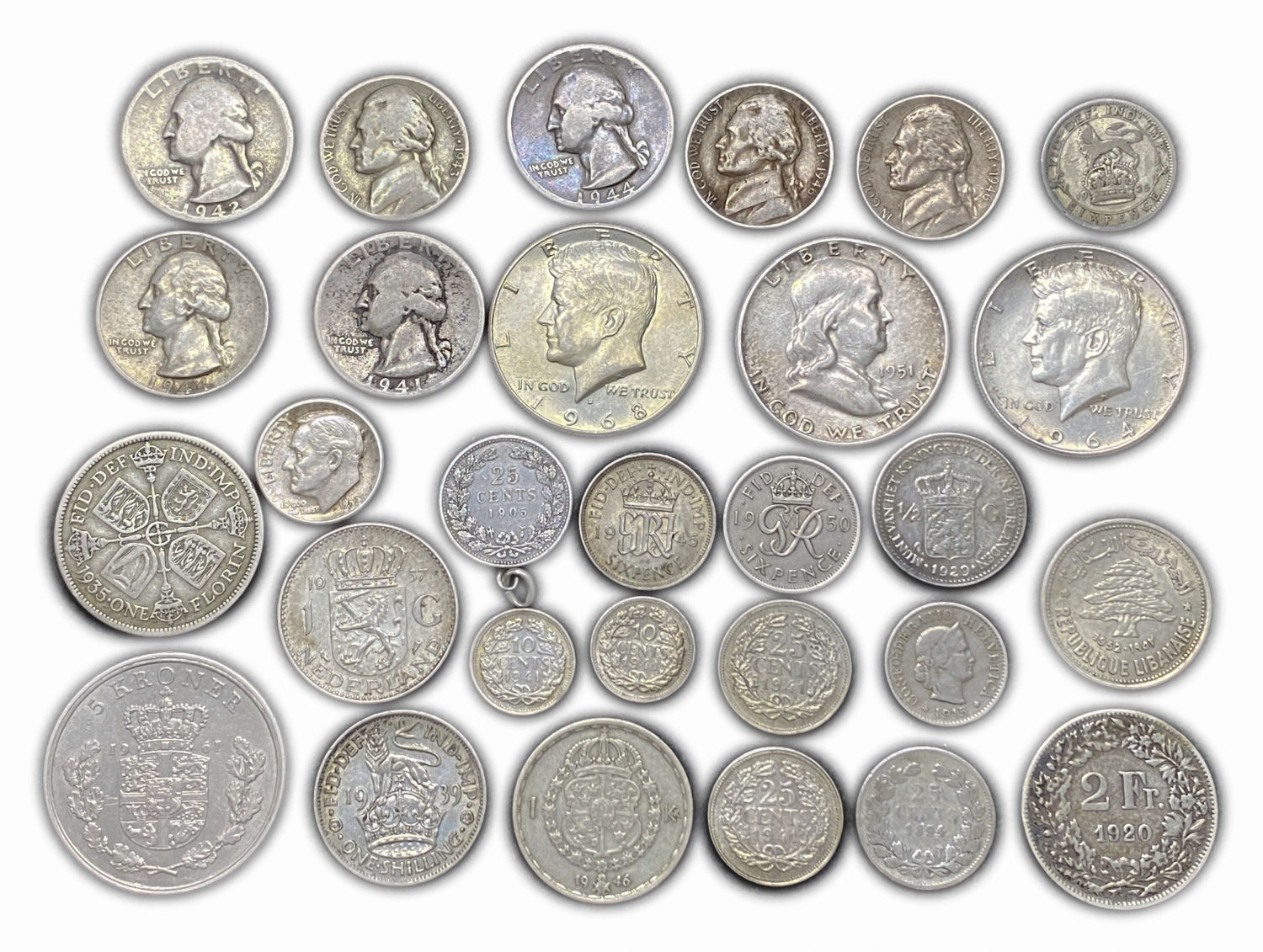 World - Lot of 29 world silver coins - weights, values, years and different situations - 1 0