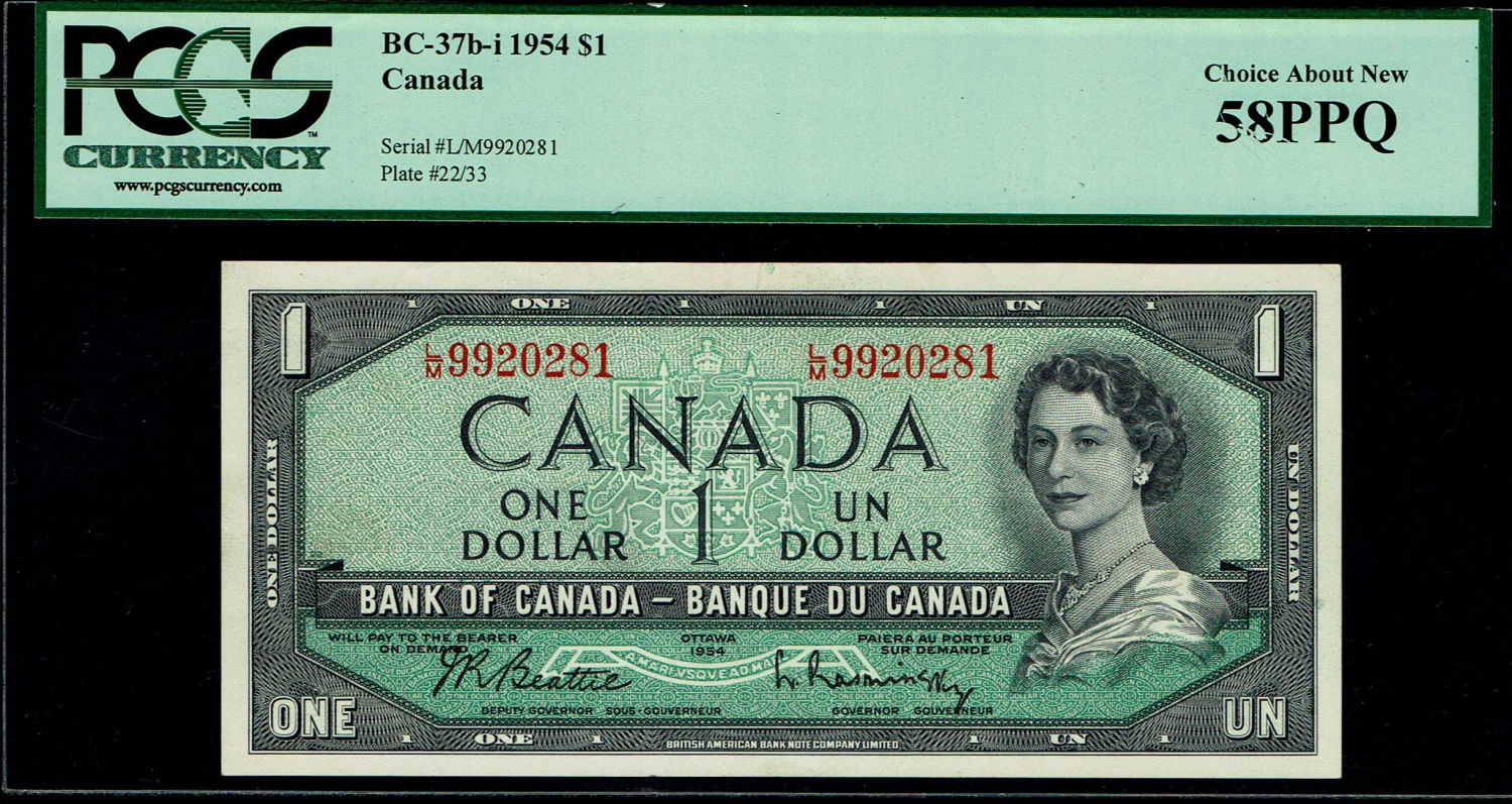 Canada - 1 Dollar 1954 Banknote - PCGS 58 PPQ
Young Queen Elizabeth II at right with modified hair ... - 1 0